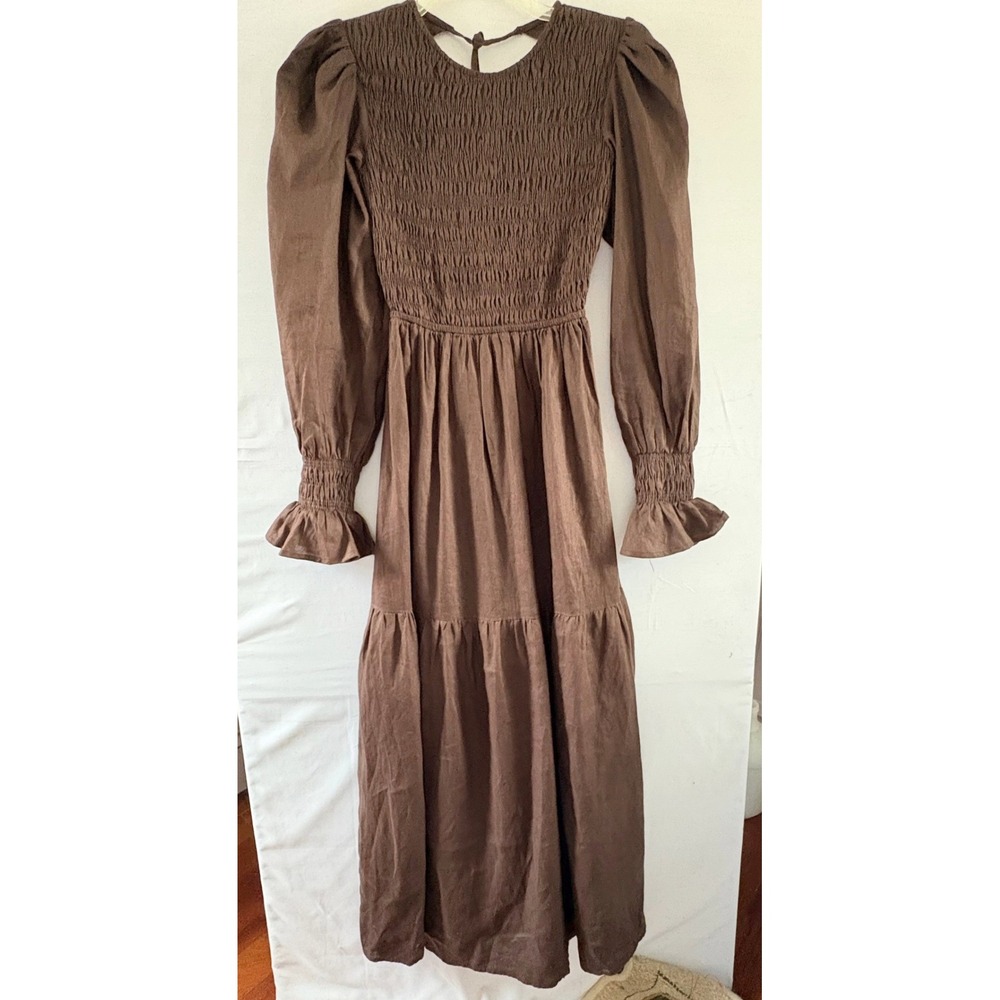 Brown Linen Maxi Dress Smocked Puff Sleeve Tiered Cottagecore DLD11313DBR